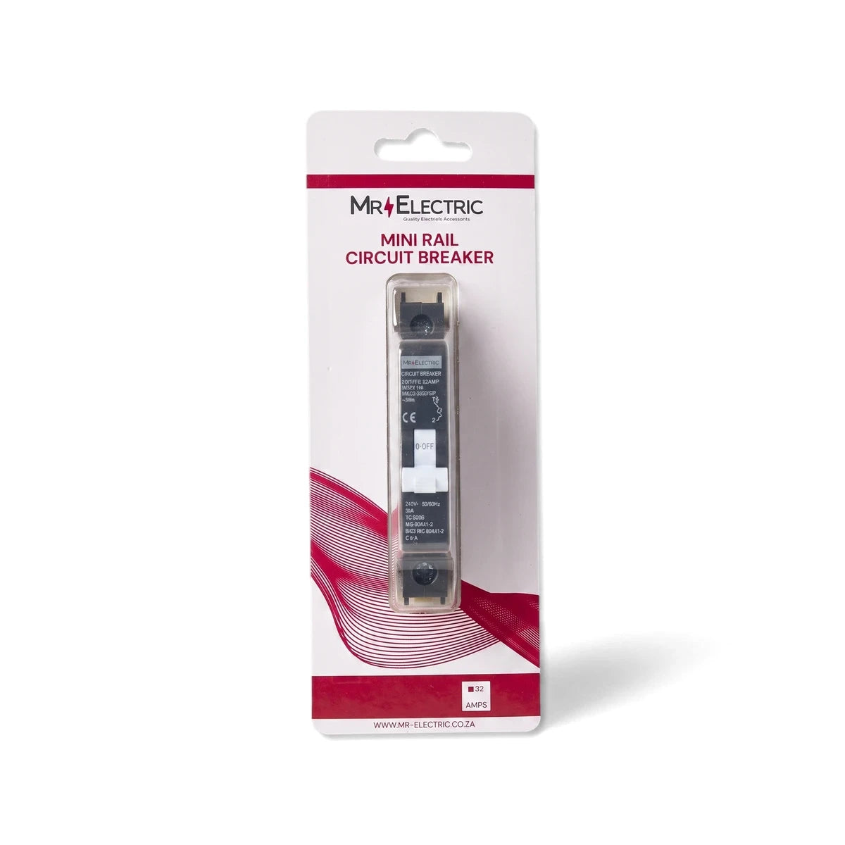 Mr Electric Mini Rail Circuit Breaker 32A in a white and red blister pack, designed for electrical safety.