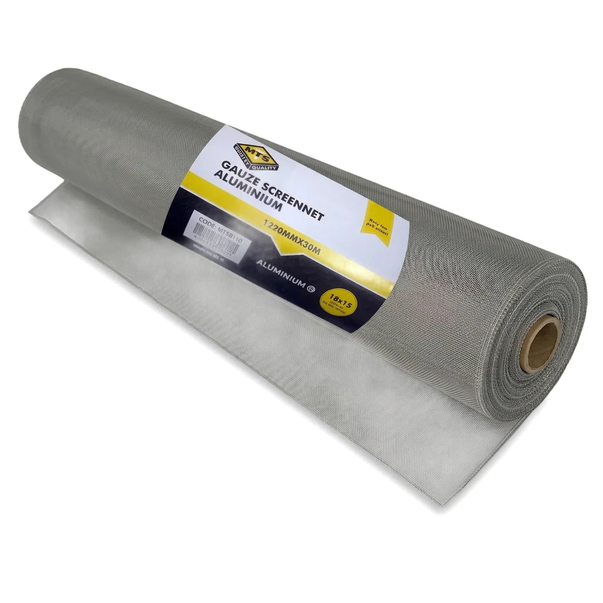 Roll of MTS Quality aluminum gauze screen net, 1220mm x 30m, grey, with product label visible.