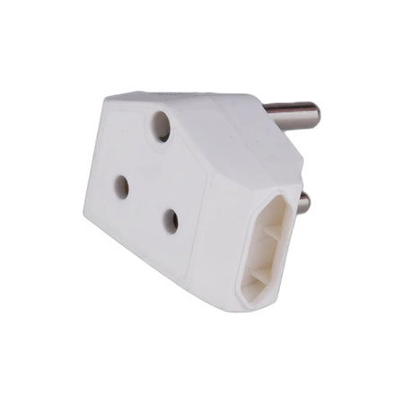 White Multi-Configuration Plug Adapter (1X16A, 2Xeuro) shown from an angled view, used for electrical connections.