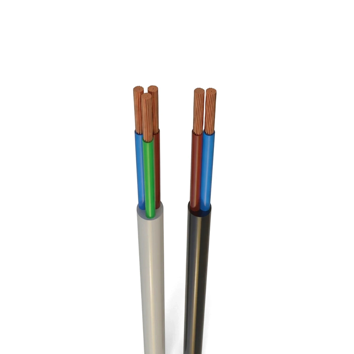 Two sections of multi-core electrical cable, one black and one white, with exposed copper wires and colored insulation.