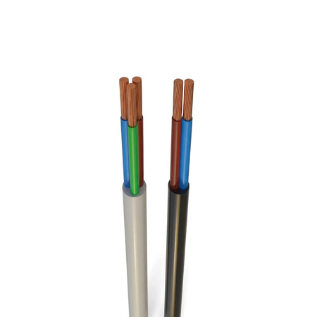 Two sections of multi-core electrical cable, one black and one white, with exposed copper wires and colored insulation.