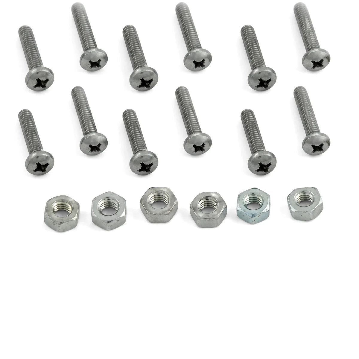 Six silver multi-port valve (MPV) screw and nut sets, with Phillips head bolts and hexagonal nuts, on a white background.