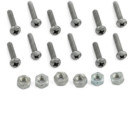 Six silver multi-port valve (MPV) screw and nut sets, with Phillips head bolts and hexagonal nuts, on a white background.