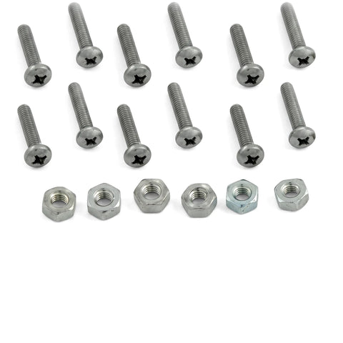 Six silver multi-port valve (MPV) screw and nut sets, with Phillips head bolts and hexagonal nuts, on a white background.