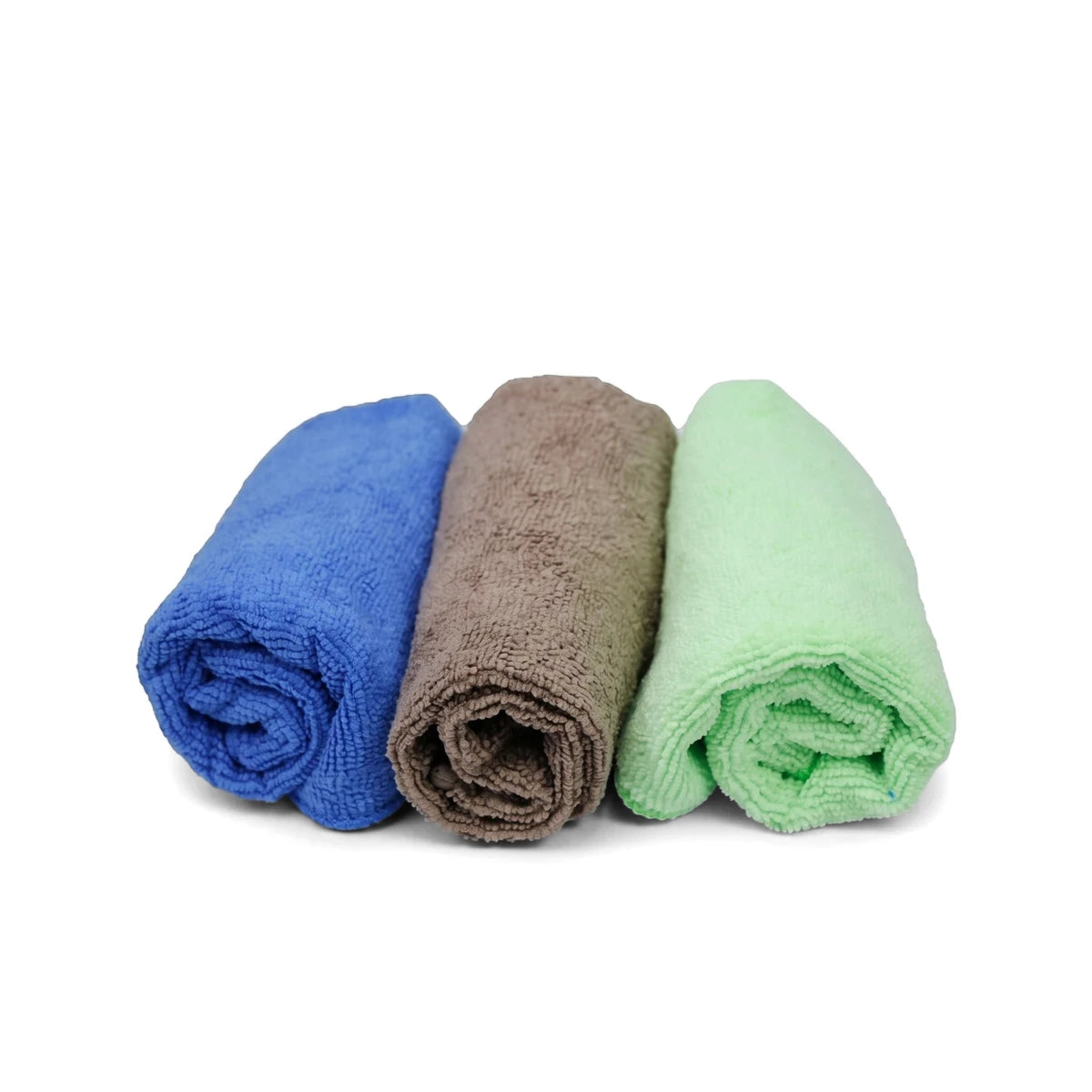Three rolled microfiber multi purpose cloths in blue, brown, and green, displayed side by side.
