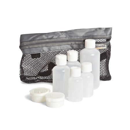 Multi-Purpose Travel Pack featuring clear plastic bottles, jars with white caps, and a gray mesh zippered bag, ideal for