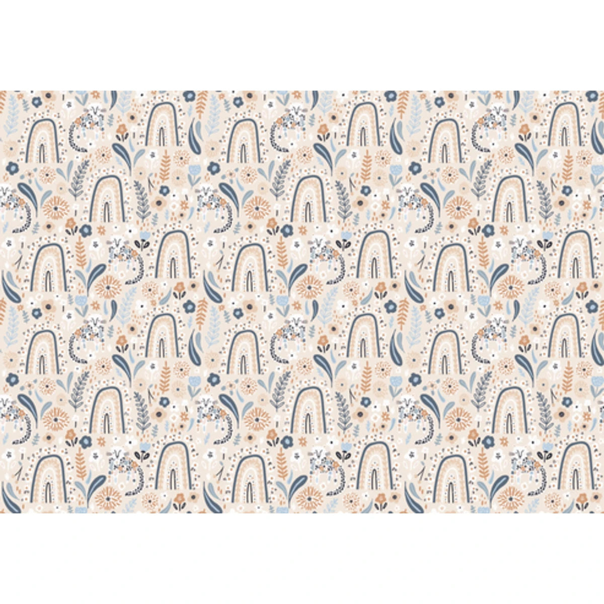 Munchin decoupage sheet featuring a boho abstract rainbow and floral pattern on a beige background with blue and brown