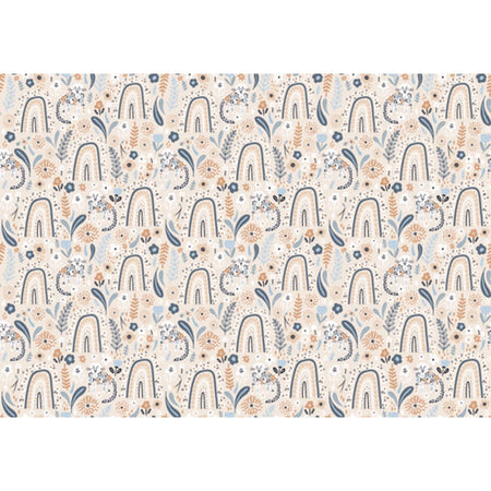 Munchin decoupage sheet featuring a boho abstract rainbow and floral pattern on a beige background with blue and brown