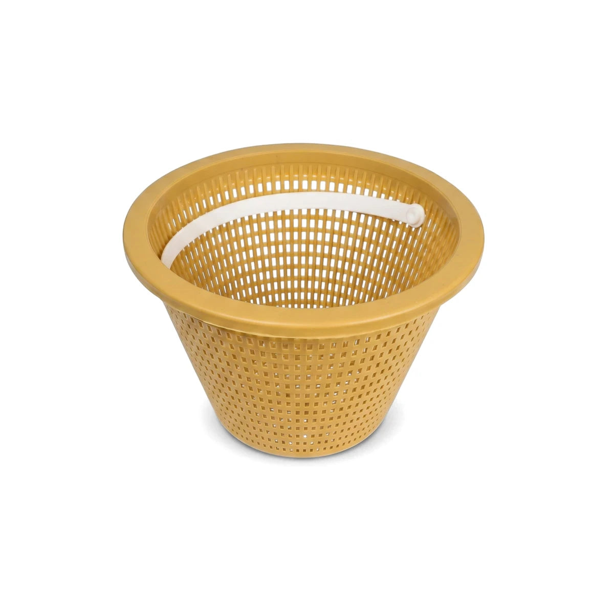 Mustard yellow plastic replacement weir basket with square perforations and a white handle, designed to fit Swimquip systems.