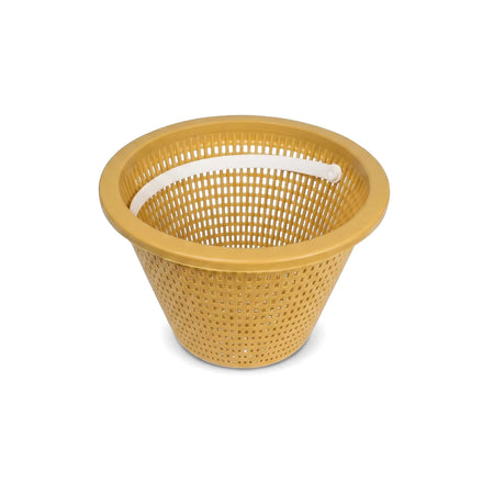 Mustard yellow plastic replacement weir basket with square perforations and a white handle, designed to fit Swimquip systems.