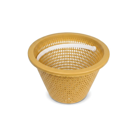 Mustard yellow plastic replacement weir basket with square perforations and a white handle, designed to fit Swimquip systems.