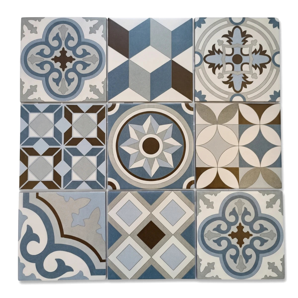 Mykonos Deco Tile collection: Nine 200x200mm ceramic tiles in a grid, with distinct blue, gray, and brown geometric and