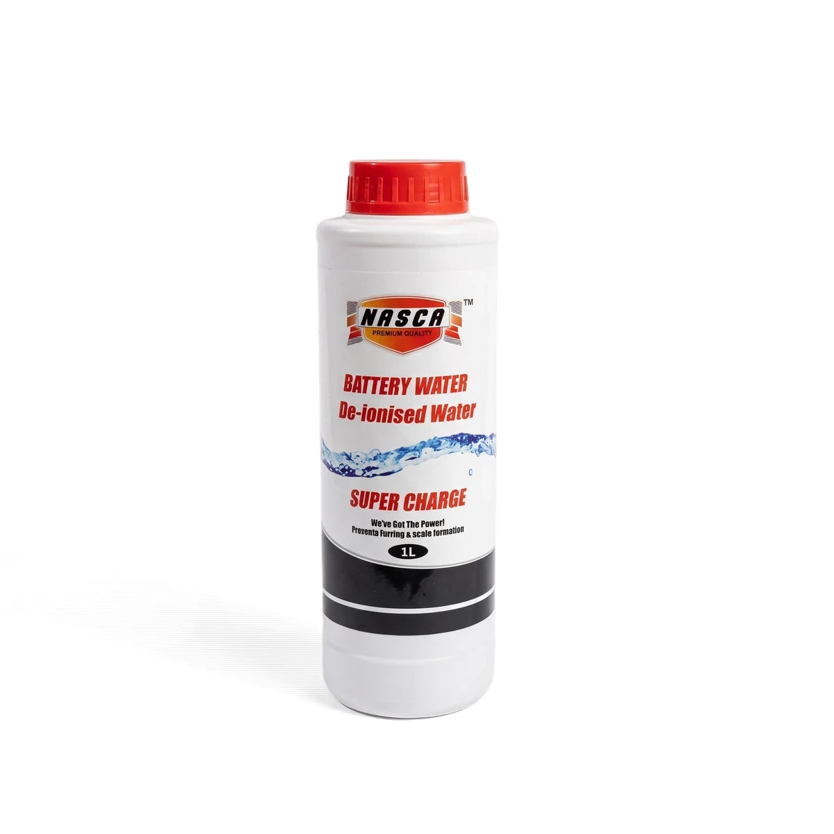White NASCA Battery Water de-ionised water bottle with a red cap and 'Super Charge' label, 1 liter capacity.