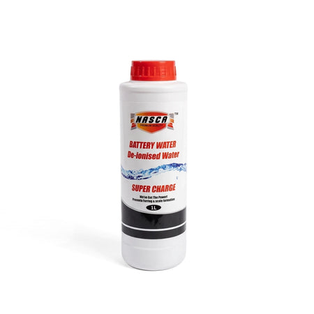 White NASCA Battery Water de-ionised water bottle with a red cap and 'Super Charge' label, 1 liter capacity.