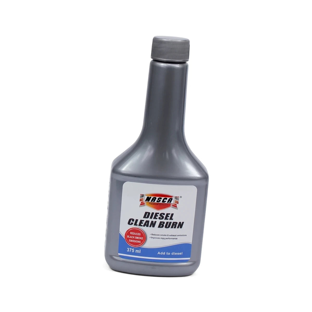 A grey 375ml NASCA Diesel Clean Burn fuel additive bottle, designed to reduce black smoke emissions, stands upright.