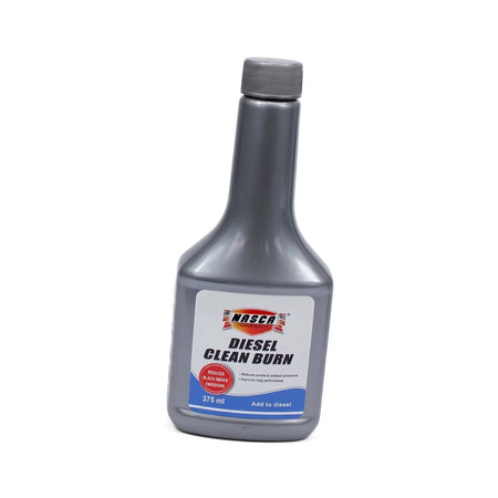 A grey 375ml NASCA Diesel Clean Burn fuel additive bottle, designed to reduce black smoke emissions, stands upright.