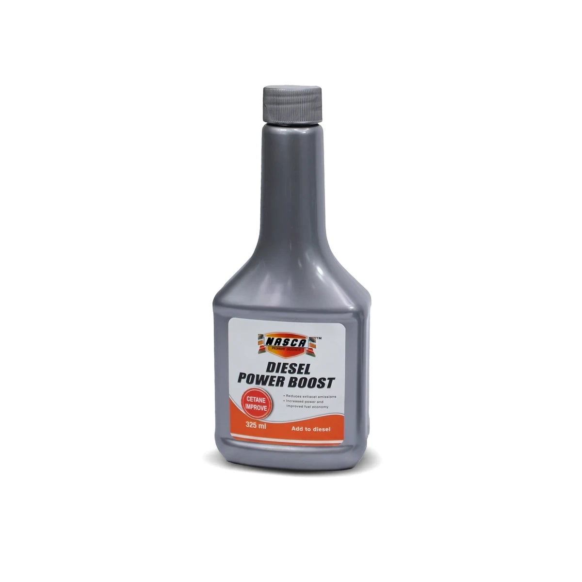 Grey NASCA Diesel Power Boost fuel additive in a 325 ml bottle, designed to improve cetane and reduce exhaust emissions.