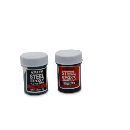 Two small black jars of Nasca Epoxy Steel Adhesive, one labeled Resin and the other Hardener, for a 30-minute set.