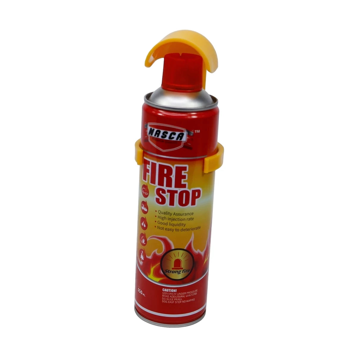 Portable red and yellow NASCA Fire Stop extinguisher for emergency use, featuring a yellow handle and printed details.