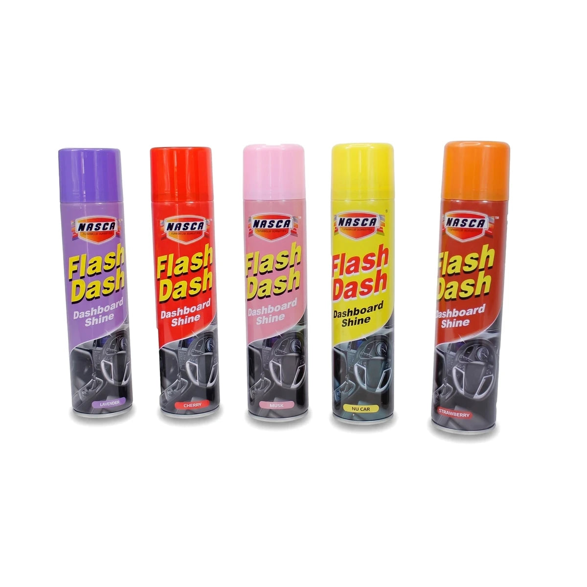 Five colorful Nasca Flash Dash Dashboard Shine aerosol cans, in lavender, cherry, musk, nu car, and strawberry scents,