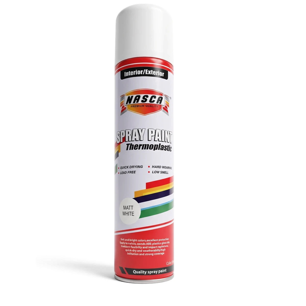 White and red NASCA thermoplastic spray paint can, labeled 'Matt White', suitable for interior and exterior use.