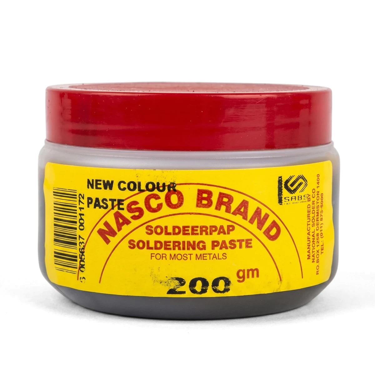 Nasco Brand Soldering Flux Paste in a 200gm tub with a red lid and yellow label, suitable for most metals.
