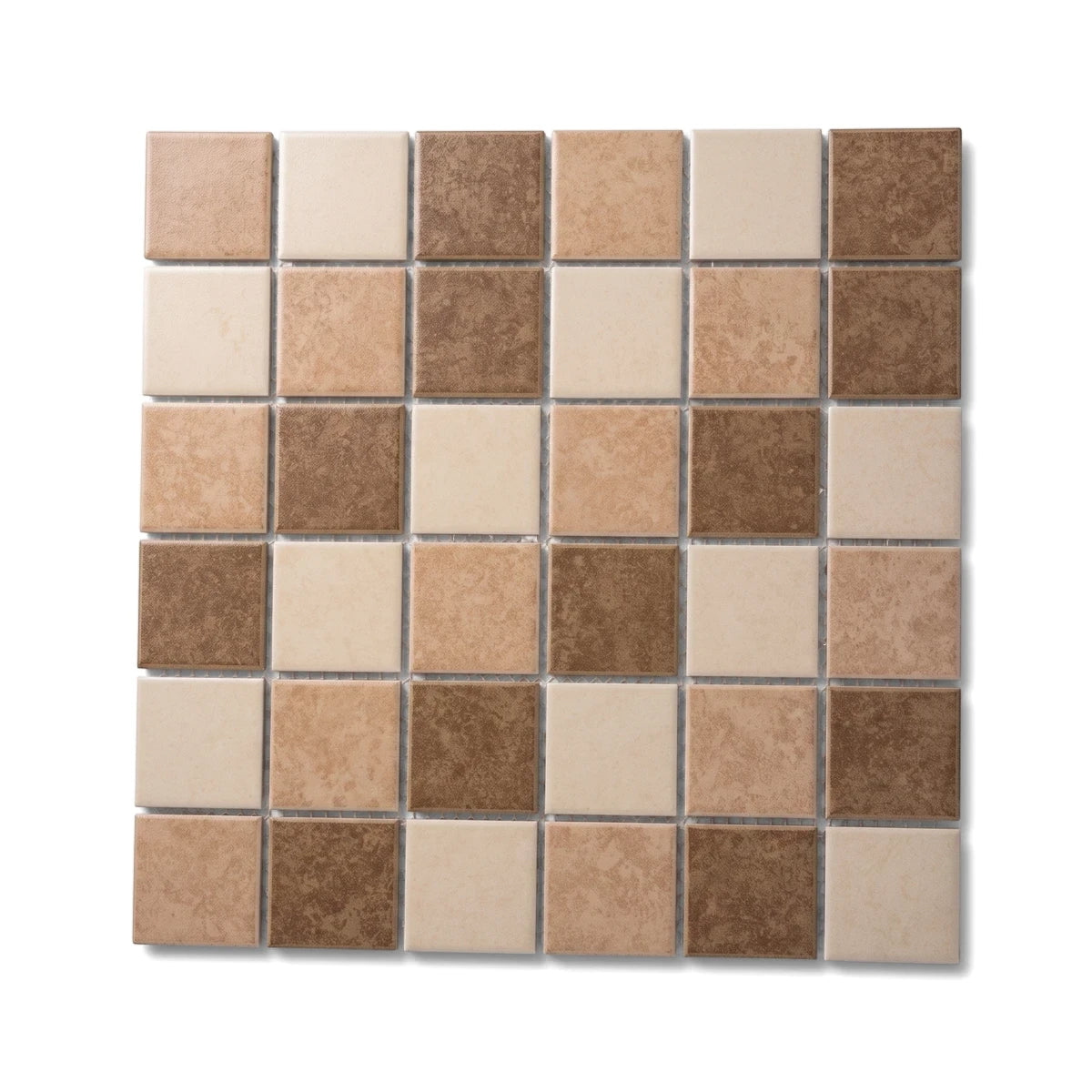 Natural 2 Matte Square Mosaic Tile, 48mm, featuring a grid pattern of brown and beige squares on a white background.