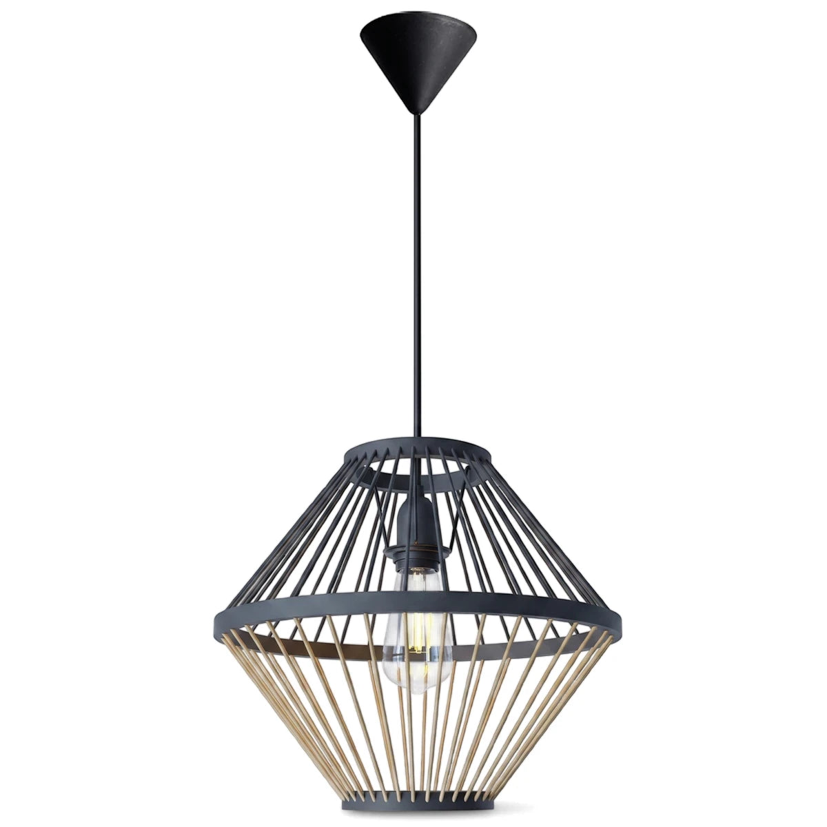 Modern natural bamboo and black metal pendant ceiling light with an exposed bulb, featuring a geometric cage design.