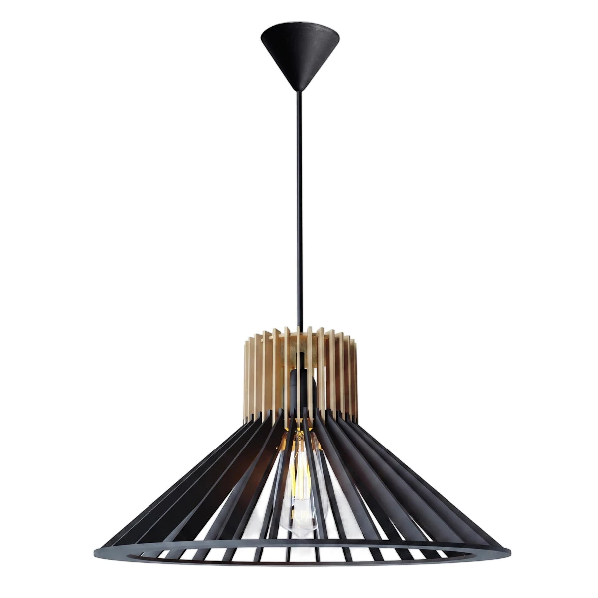 Modern natural and black wood slatted pendant ceiling light with a visible filament bulb.