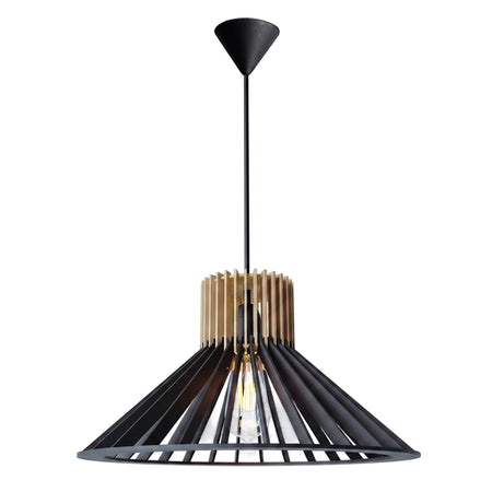 Modern natural and black wood slatted pendant ceiling light with a visible filament bulb.