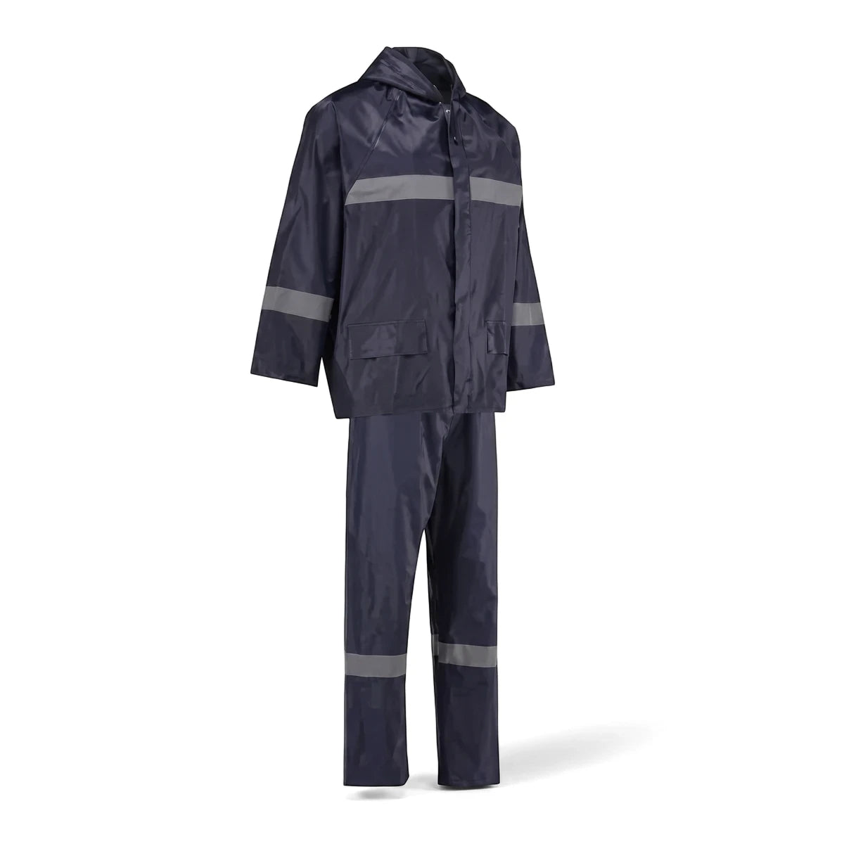 Navy rubberized high-visibility reflective rain suit, featuring a hooded jacket with pockets and matching pants, displayed
