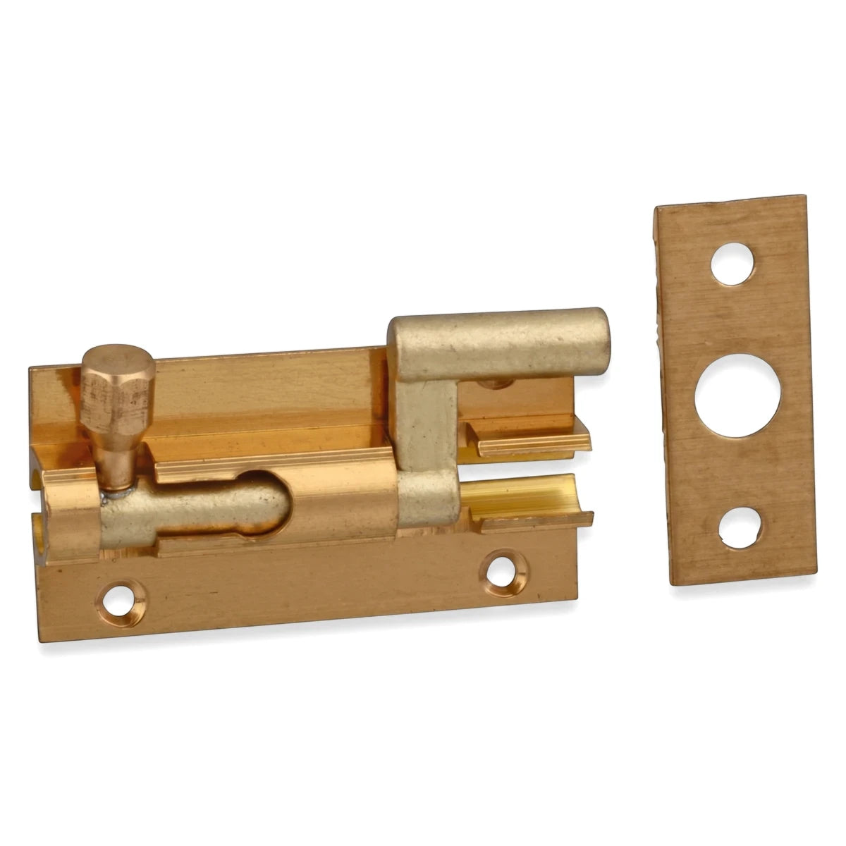 A single brass-plated 100mm necked barrel bolt and its matching keeper plate shown on a white background, ready for door