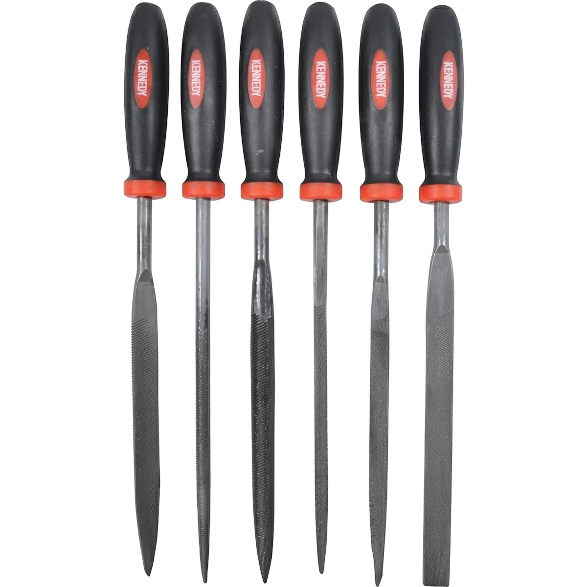 Needle File Set (6-Piece) - 140mm with black and red handles and six steel files in assorted shapes