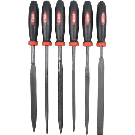 Needle File Set (6-Piece) - 140mm with black and red handles and six steel files in assorted shapes