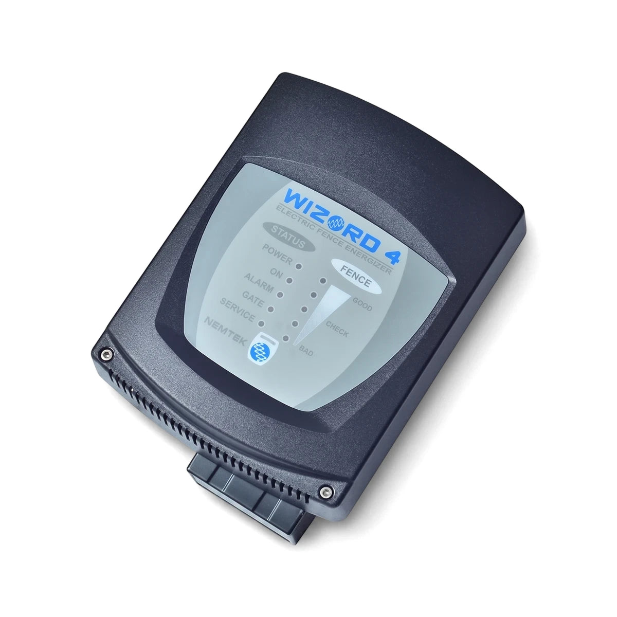 Nemtek Energizer Wizord W/4 electric fence energizer, dark gray unit with status lights and Nemtek logo.
