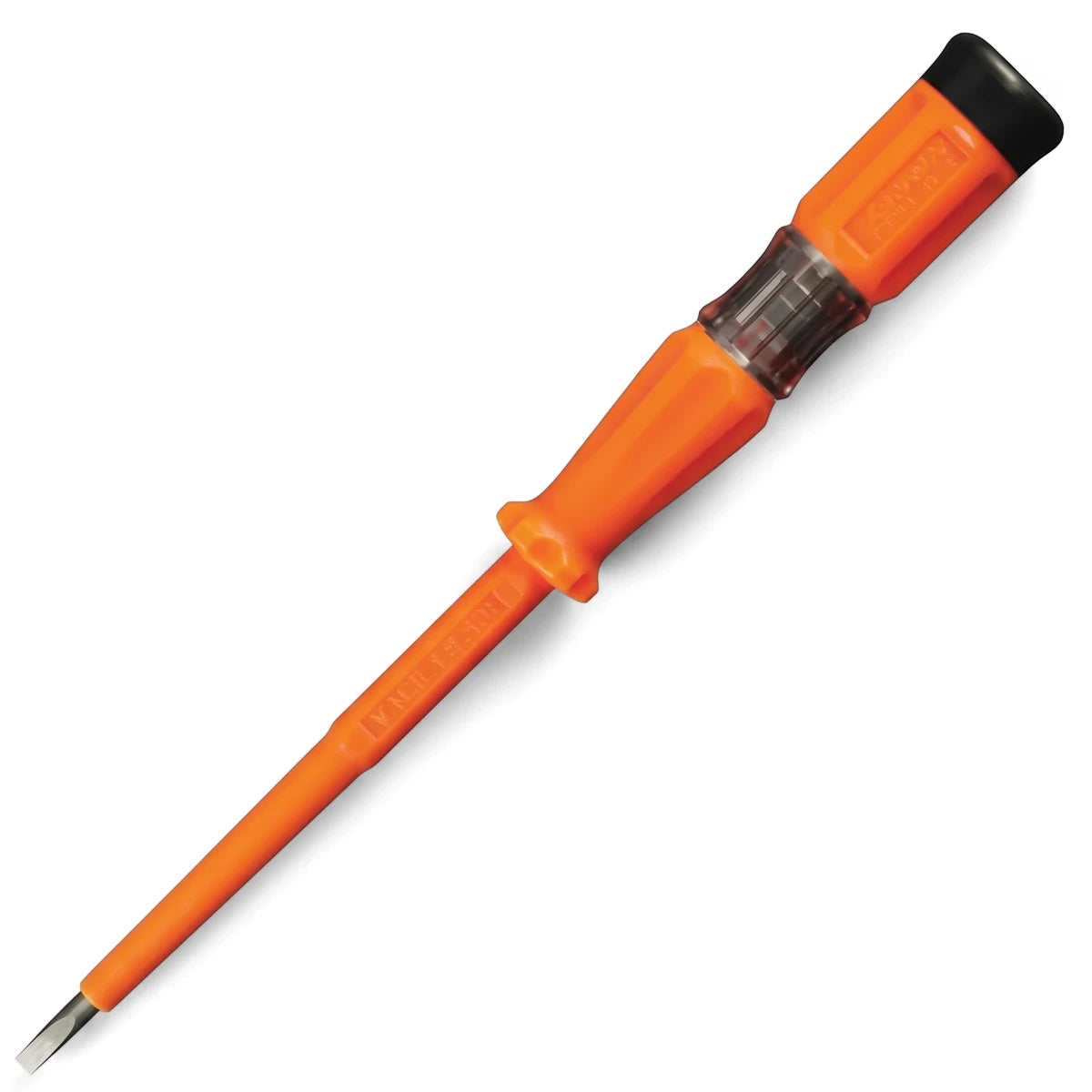 Orange insulated Neon Screwdriver voltage tester with a clear viewing window and flat blade tip, angled diagonally.