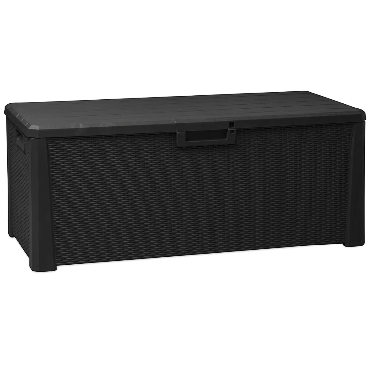 Black plastic Nevada outdoor storage box with rattan-like texture, 550 liter capacity, front-right view.
