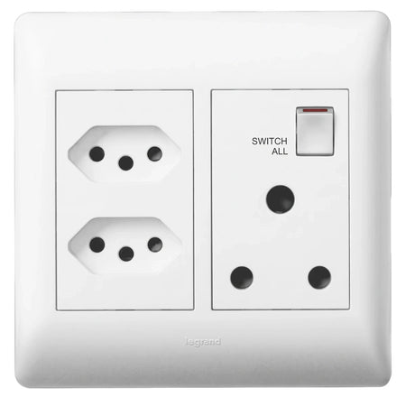 White Legrand New RSA Double Socket Monobloc electrical wall plate featuring two European-style sockets and one