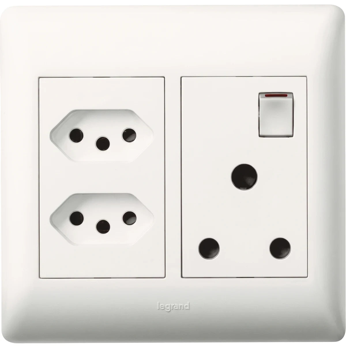 White electrical wall plate featuring two Type N sockets and one Type M socket with switch for modern home wiring.
