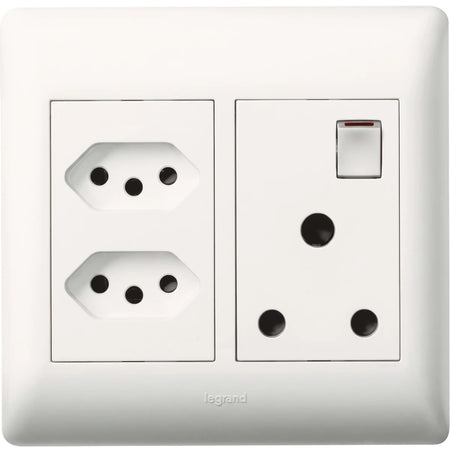 White electrical wall plate featuring two Type N sockets and one Type M socket with switch for modern home wiring.