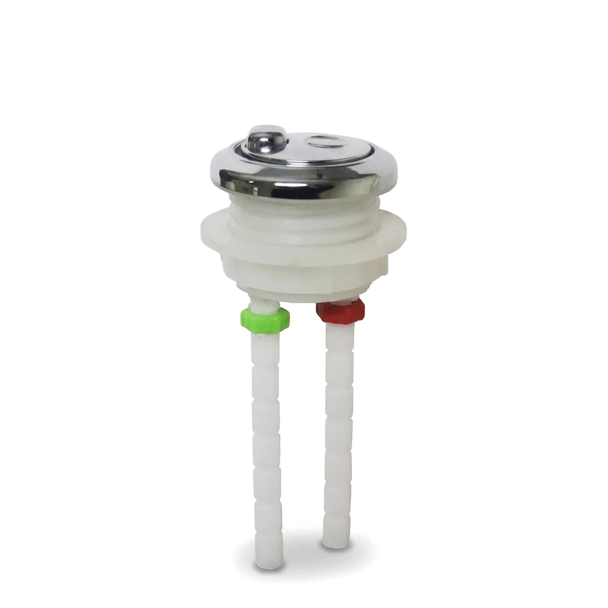 New Style Dual Flush Cistern Button with a chrome top, white plastic body, and adjustable white rods featuring green and red