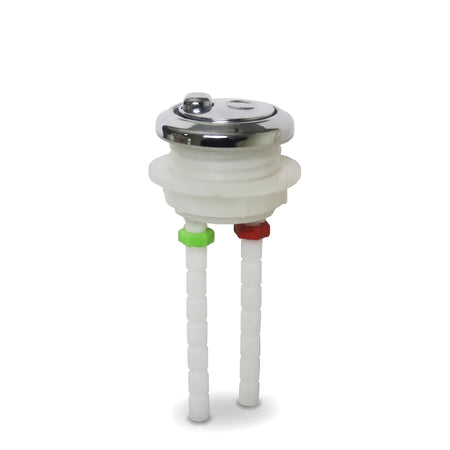 New Style Dual Flush Cistern Button with a chrome top, white plastic body, and adjustable white rods featuring green and red