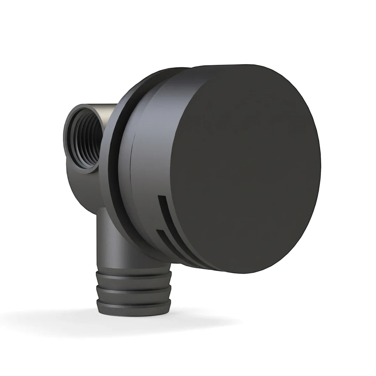 Round black shower spout featuring a threaded inlet and a ribbed outlet for plumbing connection.