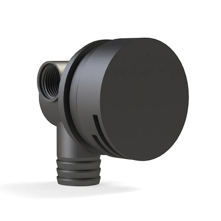 Round black shower spout featuring a threaded inlet and a ribbed outlet for plumbing connection.