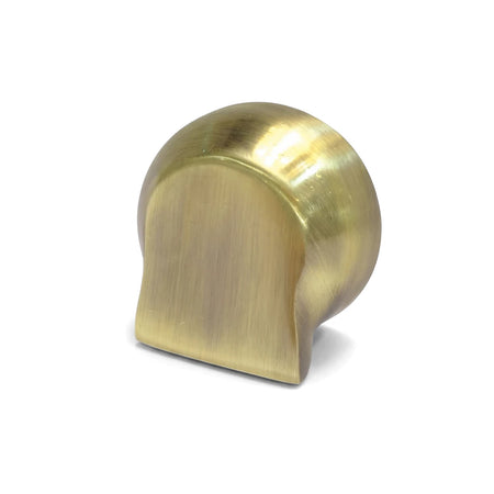 Round brushed brass Nikki Spout shower part with a curved, bell-like design, shown from an angled perspective.