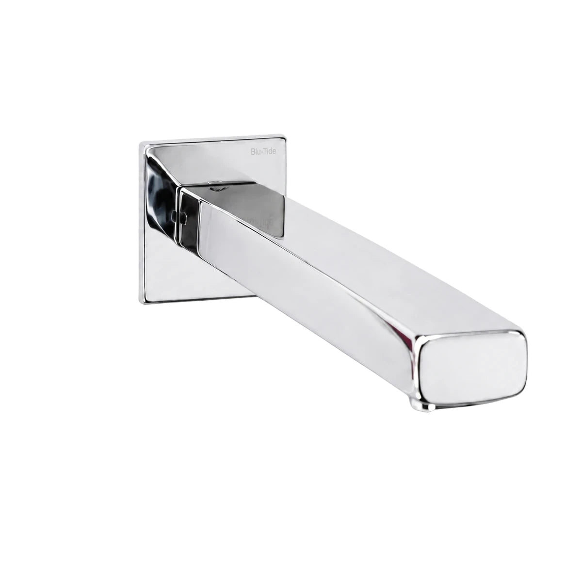 A shiny chrome wall-mounted square shower spout with a modern design and reflective surface, perfect for a contemporary
