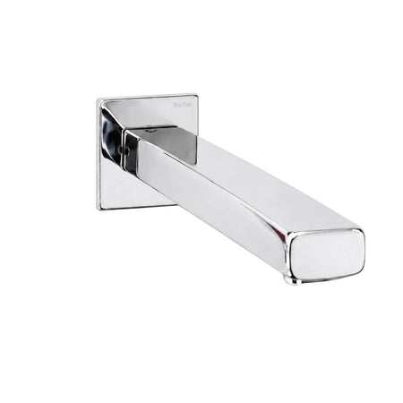 A shiny chrome wall-mounted square shower spout with a modern design and reflective surface, perfect for a contemporary