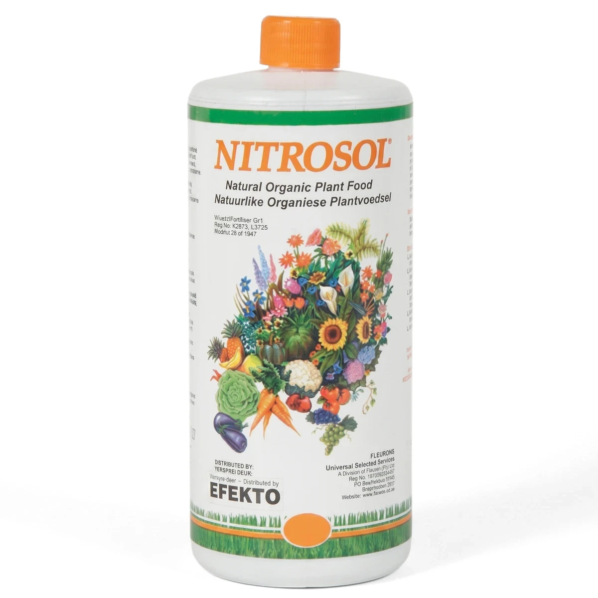 Nitrosol 500ml Natural Organic Plant Food in a white bottle with an orange cap, featuring a colorful label with fruits and