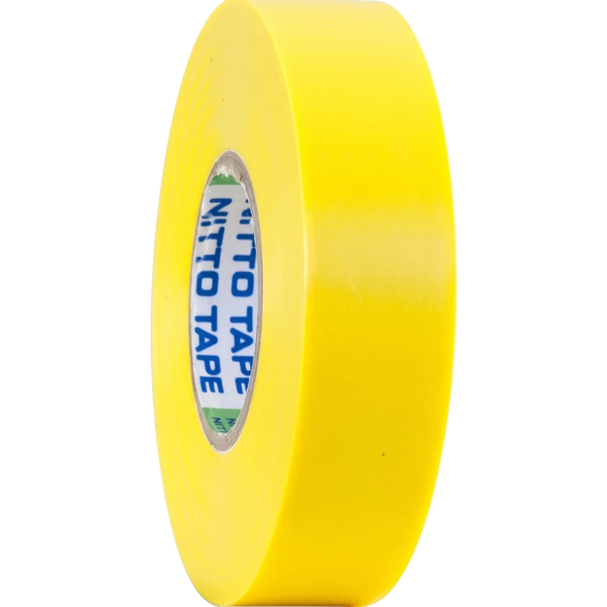 Bright yellow Nitto insulation tape roll standing upright against a clean white background, highlighting its smooth texture