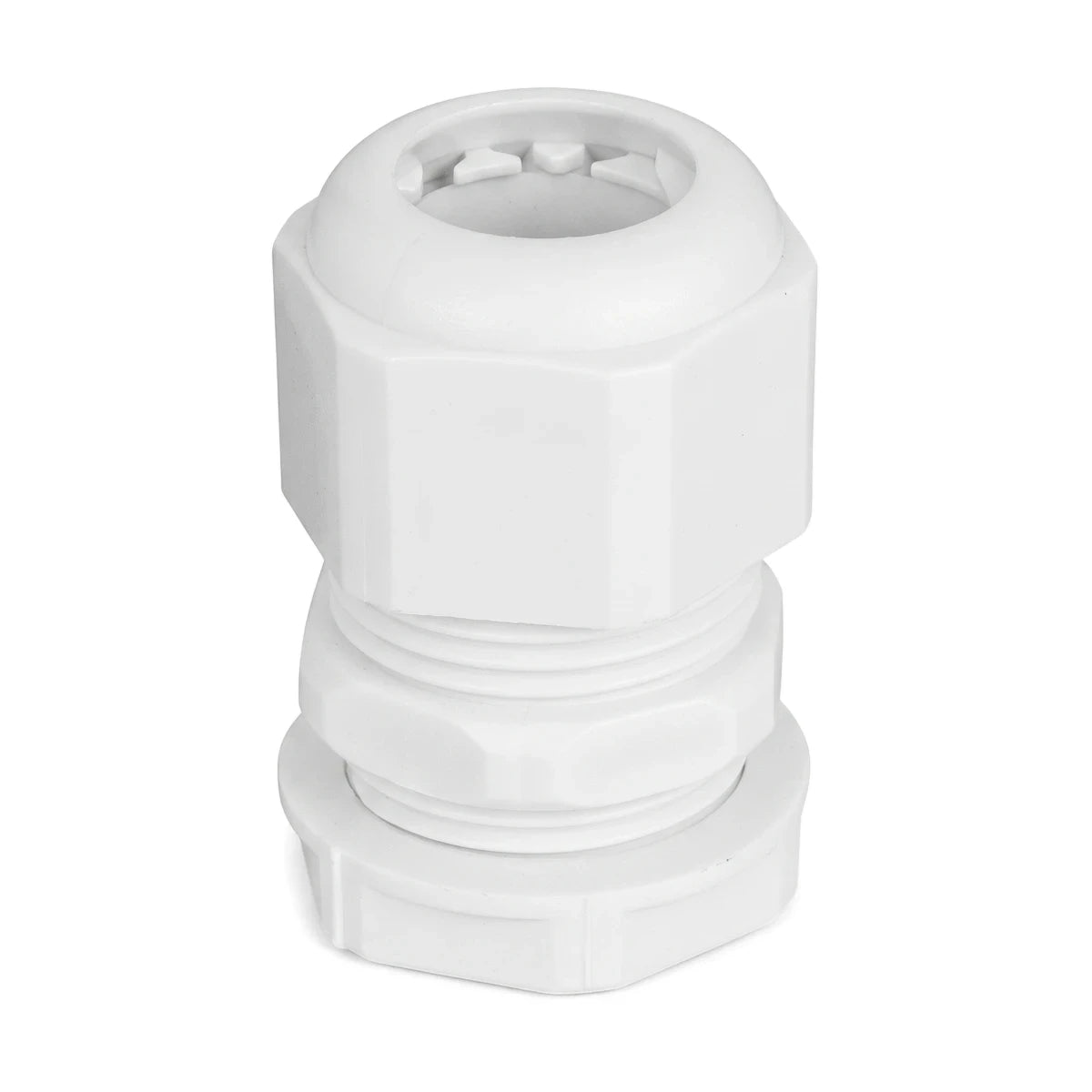 White No. 0 threaded PVC gland kit for electrical or plumbing applications, shown standing upright on a white background.